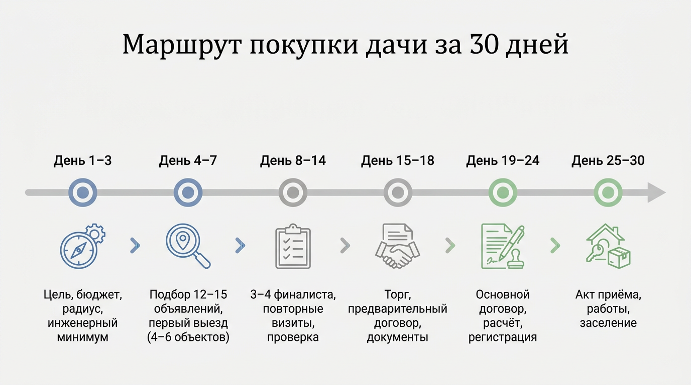 Маршрут покупки дачи за 30 дней